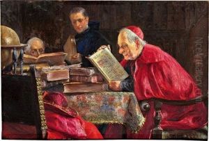 Lesender Kardinal Mit Zwei Monchen by Jose Gallegos Y Arnosa