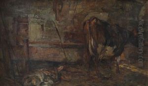 Interno Di Stalla Con Mucca E Vitellino Interno Di Stalla Con Mucca E Vitellino