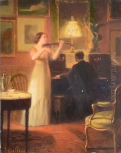Pianiste Et Violoniste Sous La Lampe by Louis Galliac