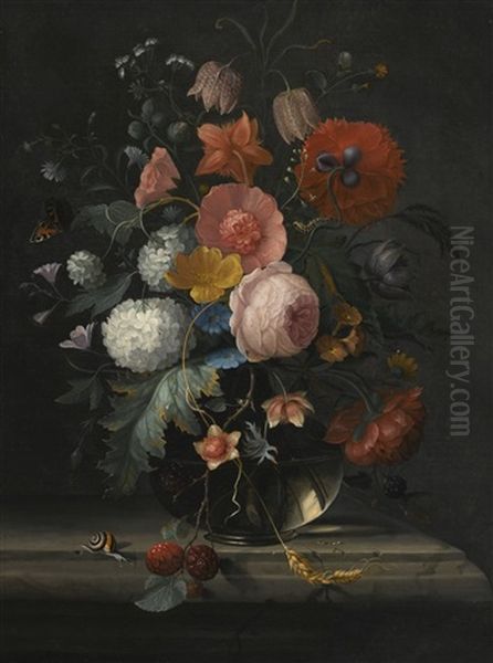 Still Life Of Roses, Fritillaria, Viburnum And Other Flowers In A Glass Vase Resting On A Ledge, With A Snail And Butterfly - view 1