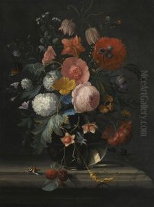 Still Life Of Roses, Fritillaria, Viburnum And Other Flowers In A Glass Vase Resting On A Ledge, With A Snail And Butterfly by Pieter Gallis