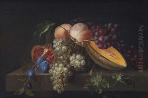 A Melon, Peach, Plum, Pommegranate And Grapes On A Stone Ledge by Pieter Gallis