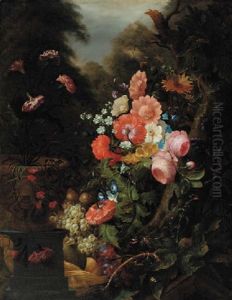 Roses, Carnations, Poppies And Other Flowers By A Tree Trunk, With Carnations In A Sculpted Flower Pot And Grapes And Other Fuits In A Basket, In A Garden by Pieter Gallis