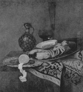 Still Life Of A Lobster, Porcelain Platter, Peeled Lemon On A Silver Plate With A Jug And Glasses Beyond, On A Ledge Draped With An Oriental Rug by Pieter Gallis