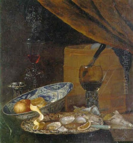 Oysters On A Silver Platter, An Orange And Lemon In A Bowl On A Table - view 1