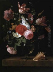 Bouquet De Fleurs Pos, Sur Un Entablement De Pierre
