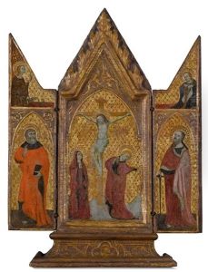 Flugelaltarchen Mit Der Kreuzigung Und Auf Den Seitentafeln Der Verkundigung Und Den Apostelfursten Petrus (?) Und Paulus Flugelaltarchen Mit Der Kreuzigung Und Auf Den Seitentafeln Der Verkundigung Und Den Apostelfursten Petrus (?) Und Paulus