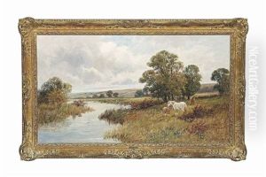 A Mare And Foals Grazing By A River A Mare And Foals Grazing By A River