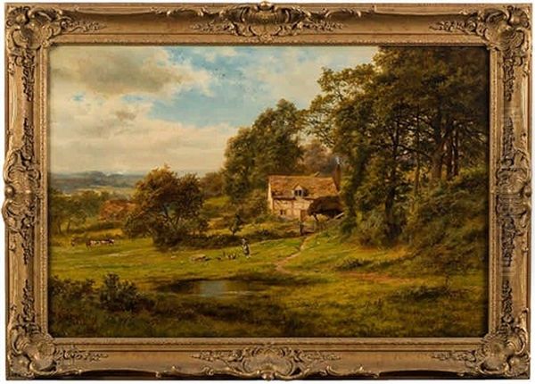 A Extensive Country Scene; Chickens Feeding, A Pond And Cottage In The Foreground, View To Cattle And A Farm Beyond - view 1