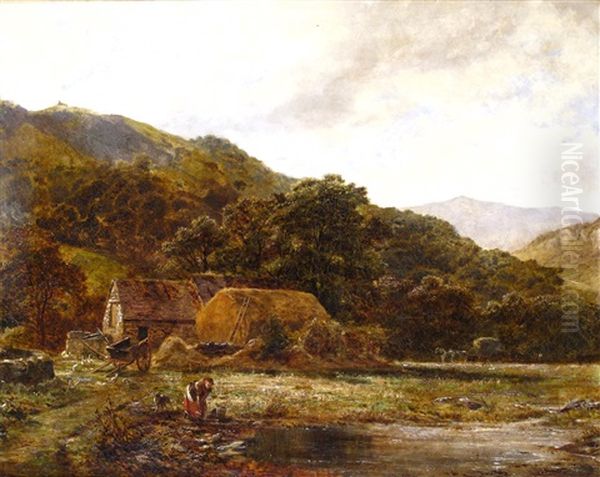 A Woman Fetching Water From A River By A Farmstead - view 1