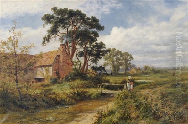 A Mother And Child Crossing A Bridge In A River Landscape - view 1