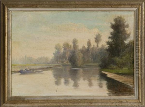 Calm Water Scene With Person In RowBoat. - view 1
