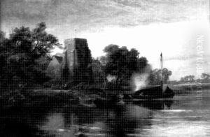 River Landscape With Sailing Barges And A Church Beyond by Robert Gallon