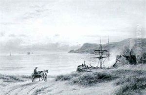 Parti Fra En Lille Havneby, I Forgrunden Hestekoretoj, Solnedgang by Robert Gallon