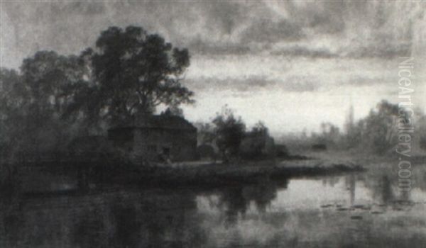 Pond Landscape At Sunset With House, Bridge And Figures - view 1