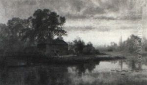 Pond Landscape At Sunset With House, Bridge And Figures by Robert Gallon