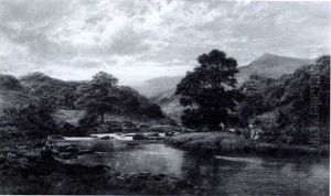 A Mountainous River Landscape With Children Playing by Robert Gallon