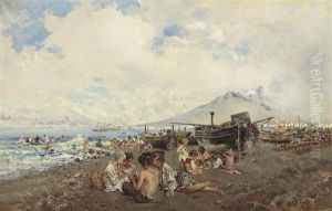 Children Playing Cards On A Beach, The Bay Of Naples And Vesuvius Beyond by Baldomero Galofre Y Gimenez
