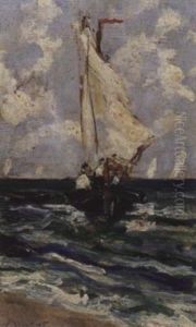 Boat Sailing To A Beach by Baldomero Galofre Y Gimenez