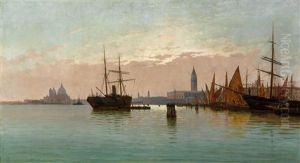 At The Entrance To The Grand Canal In Venice, On The Left The Punta Della Dogana And Santa Maria Della Salute, And Right The Piazza San Marco by Pietro Galter