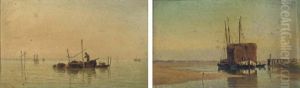 Loading The Catch On The Venetian Lagoon (+ A Dutch Hay Barge; Pair) by Pietro Galter
