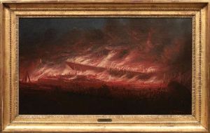 Navire En Feu Dans La Rade by Louis-Honore-Frederic Gamain