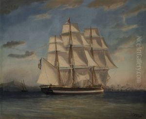 Dreimaster Vor Mediterraner Hafenstadt by Louis-Honore-Frederic Gamain