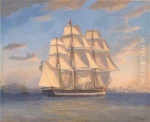 A Three-master In A Mediterranean Harbour by Louis-Honore-Frederic Gamain