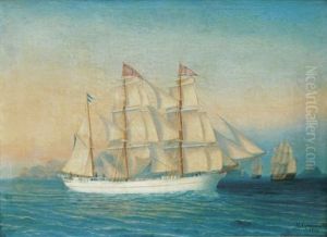 Le Trois-mats "georges Gaston" De L'armement Desire Auger (le Havre) by Louis-Honore-Frederic Gamain