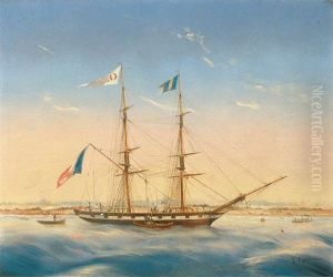 Goelette Francaise Au Bord D'une Cote by Louis-Honore-Frederic Gamain
