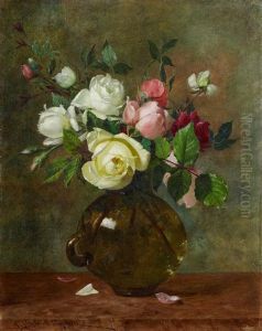 Stillleben Mit Rosen In Einer Glasvase by Jules-Alexandre Gamba De Preydour