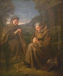 Zwei Betende Franziskanermonche In Italienischer Landschaft