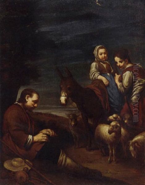 A Shepherd, Shepherdess And Child With A Flock Of Sheep - view 1
