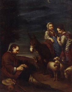 A Shepherd, Shepherdess And Child With A Flock Of Sheep by Giuseppe Gambarini
