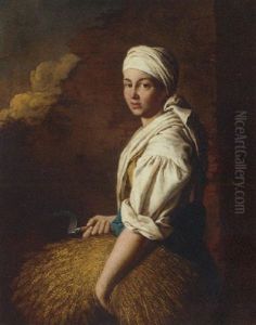 A Peasant Girl Holding A Bushel Of Wheat And A Scythe