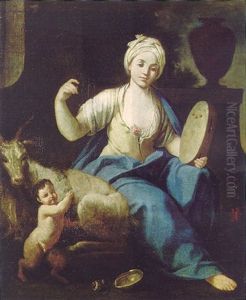 A Maenad Beating A Tambourine With An Infant And A Goat In A Formal Garden