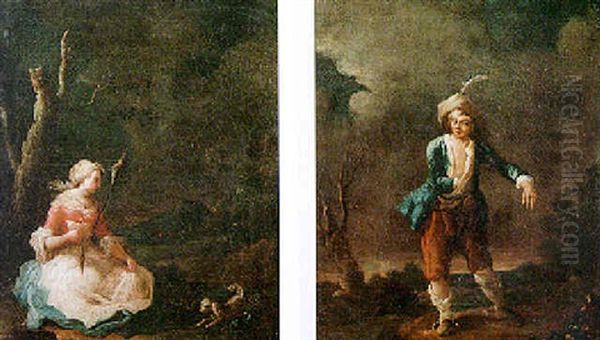 Young Lady Holding A Spindle In A Wooded Landscape - view 1