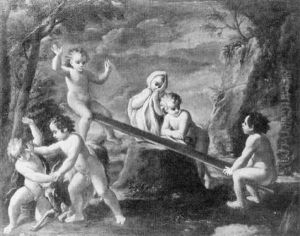 He Young Bacchus Tussling With A Goat, Putti Playing On A See-saw Beyond by Giuseppe Gambarini