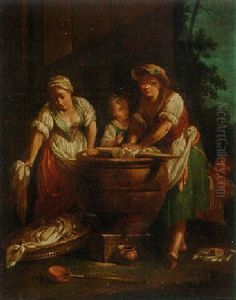 Washerwomen Outside A Building by Giuseppe Gambarini