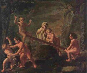 The Young Bacchus Tussling With A Goat, Putti Playing On A See-saw Beyond by Giuseppe Gambarini