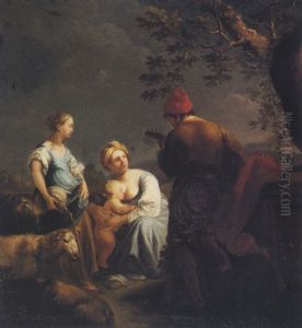 Pastoral Landscape With A Mother And Child Being Serenaded By A Musician by Giuseppe Gambarini