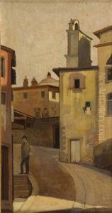Scorcio Di Paese Con Figure by Raffaello Gambogi