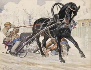 Russische Bauern Beim Einspannen Des Pferdeschlittens. by Mikhail Ivanovitch Avilov