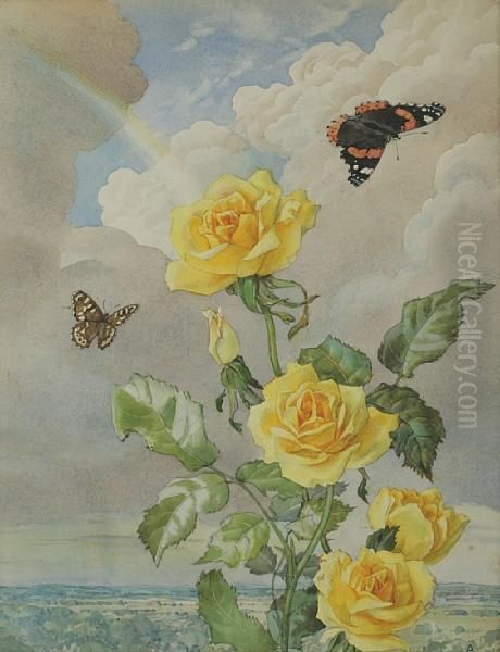 Yellow Roses With Butterflies And Rainbow - view 1