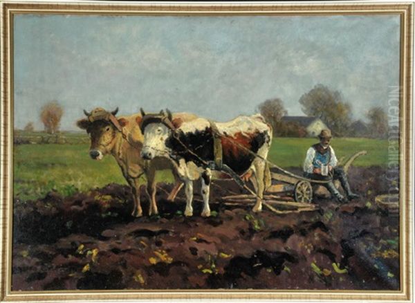 Rastender Bauer Mit Pflug Und Ochsengespann - view 1