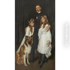 Portrait Of A Family With Their Collie by Antonio De La Gandara