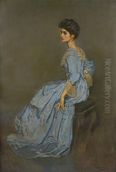 Portrait De Madame Gravier En Robe De Satin Bleu Et Dentelle - view 1