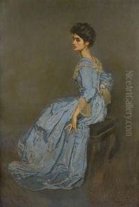 Portrait De Madame Gravier En Robe De Satin Bleu Et Dentelle by Antonio De La Gandara