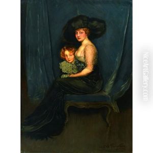 A Portrait Of A Lady In A Black Satin Dress With Her Son