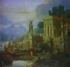 Phantasiearchitektur Einer Antiken Stadt An Einem Fluss